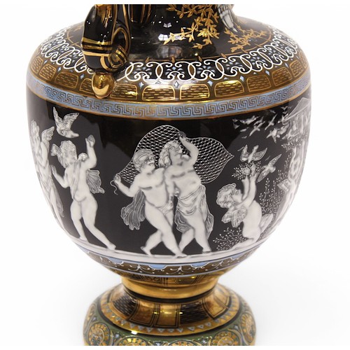 88 - A 20th century twin handled vase and cover, in the Minton pâte-sur-pâte style, decorated with cherub... 