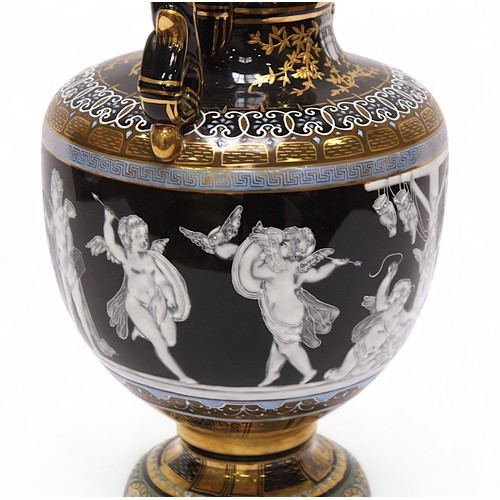 88 - A 20th century twin handled vase and cover, in the Minton pâte-sur-pâte style, decorated with cherub... 