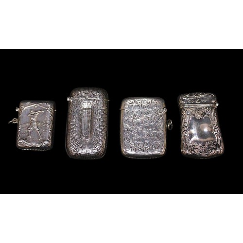 174 - Four assorted silver vesta cases, one moulded in relief with the face of a cat and another of golfin... 