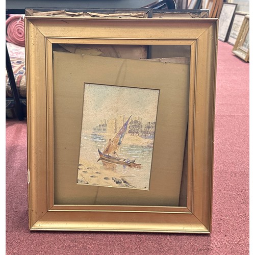 500 - Seven assorted pictures including a pair of watercolour studies of boats, signed ‘N Munday’, an unsi... 