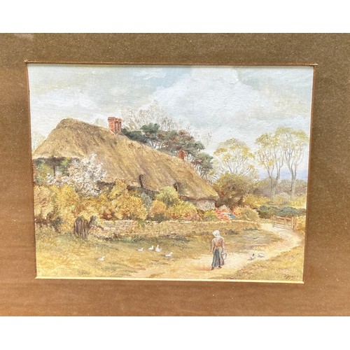 527 - A 19th century school country landscape study depicting a female figure feeding ducks along a path w... 