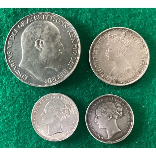 295 - Four silver coins - three Victorian and an early Edwardian, comprising a 1902 crown, an 1853 Gothic ... 