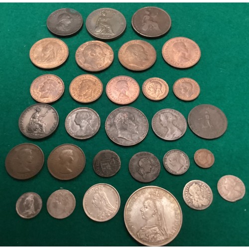 294 - 26 UK coins, including Charles II, George 111 and Queen Anne silver pieces, two old tokens and an ol... 