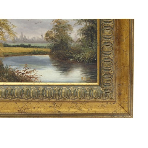 528 - R. Hulls, pair of country landscape studies with rivers and trees, signed, oils on board, in moulded... 