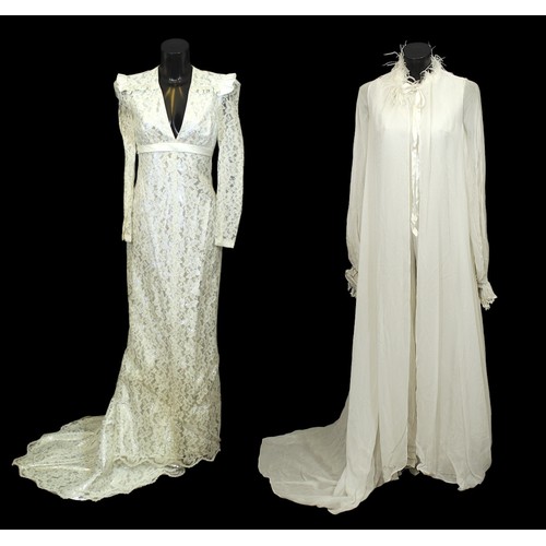 111 - Stage Wear / Evening Wear: Three garments, 
c. 1970s, 
including: a white maxi dress, of floral net ... 