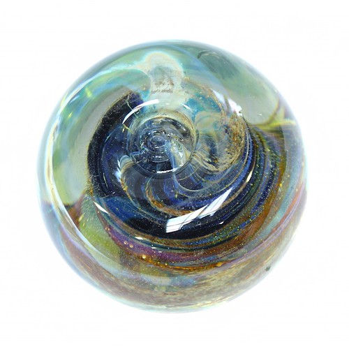 15 - Six assorted Isle of Wight Glass paperweights, yellow, green and blue swirl and whorl patterns, some... 