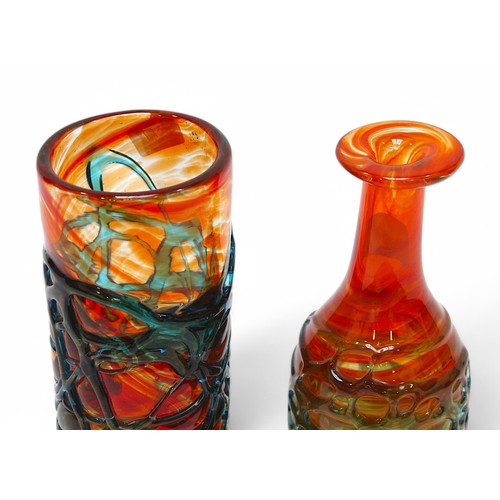 80 - Two Mdina Glass strapped vases, comprising a bottle vase and cylinder vase, orange and red variegate... 