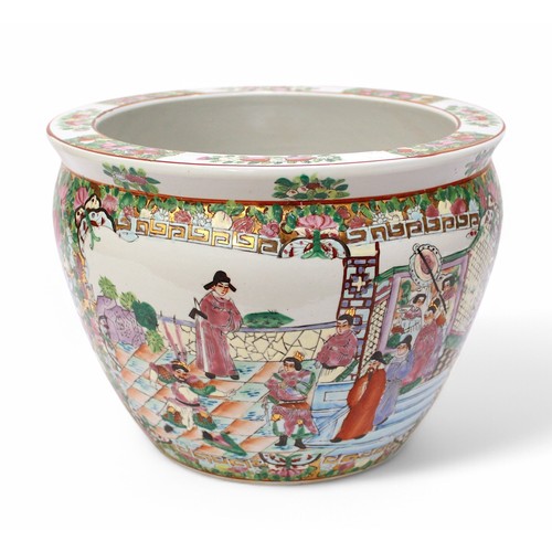 144 - A 20th Century Chinese Famille Rose fish bowl jardinière, painted panels with figures including warr... 