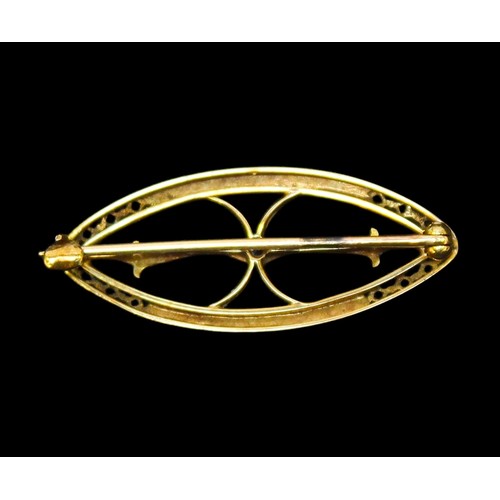 226 - An antique yellow metal, tests as 14ct gold brooch, of oval form, centrally set with a small diamond... 