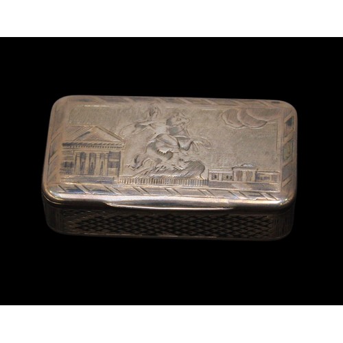 176 - A Russian silver Niello work vesta case, of rectangular form, the cover depicting a scene of King Ge... 