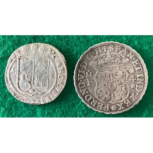 301 - Two silver Spanish colonial coins - a mid-16th century Mexican Charles and Johana 2 Reales, pillars ... 