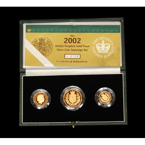 308 - A 2002 United Kingdom 22ct gold proof three-coin sovereign collection 'The Queen's Golden Jubilee' w... 