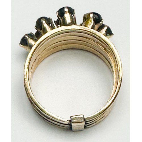 249 - A 14ct gold five band dress ring, secured with a gold band to the bottom of shank, each band is crow... 