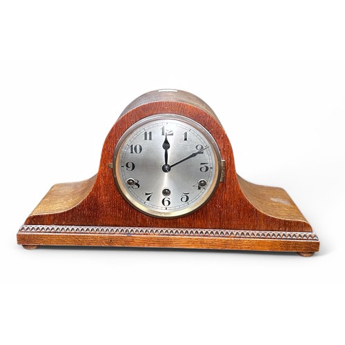 466 - Three various wooden cased mantel clocks with striking and chiming movements, (3).