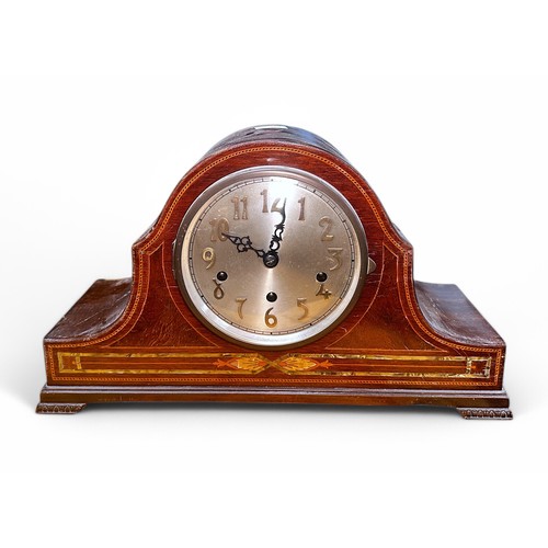 466 - Three various wooden cased mantel clocks with striking and chiming movements, (3).