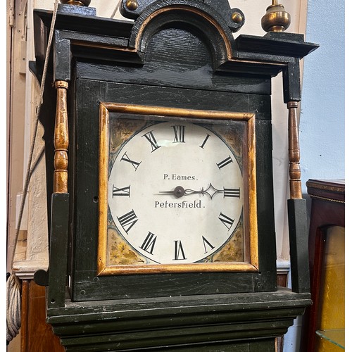 470 - A 30-hour longcase clock, the painted dial inscribed P. Eames, Petersfield, in green and gold painte... 