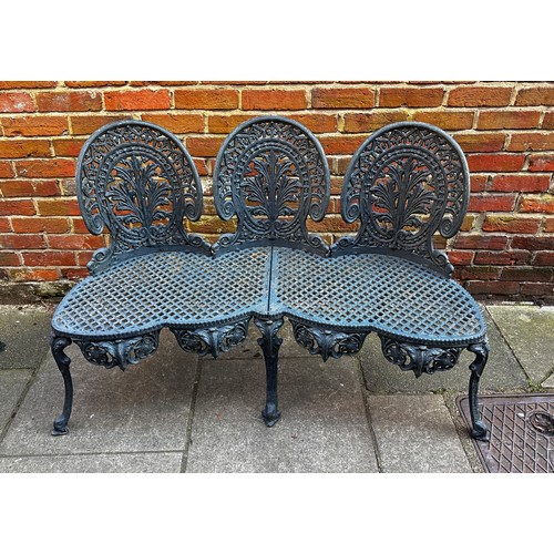 561 - A thirteen-piece painted aluminium pierced garden set including chairs, a bench and three circular t... 