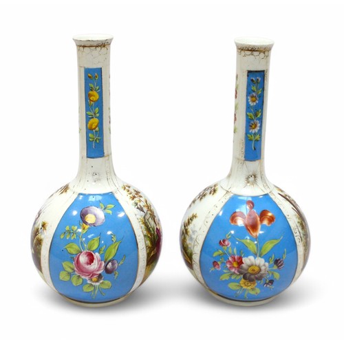 122 - A pair of German porcelain vases of shaft and globe form, decorated with alternating panels of blue ... 