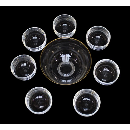 121 - Seven Asprey glass finger bowls, 5cm tall, together with a Peill & Putzler footed glass bowl with gi... 