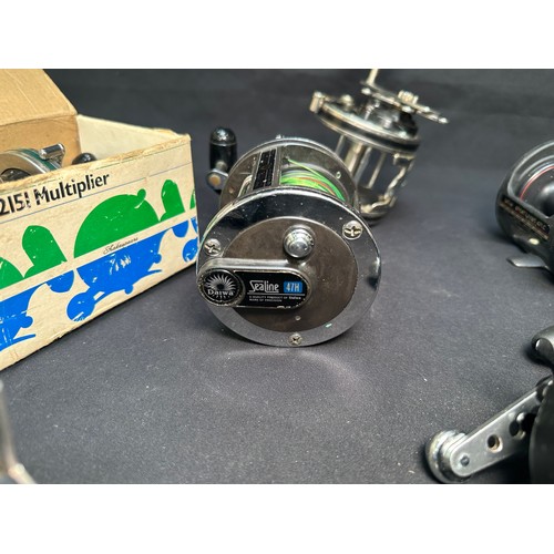 426 - Fifteen right-handed multiplier fishing reels by various brands, including: Shakespeare, Okuma, Daiw... 