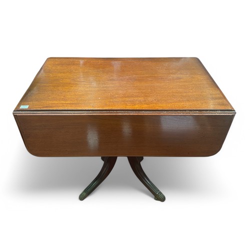 587 - A 19th century mahogany drop-leaf table, with single short frieze drawer, raised on down swept quadr... 