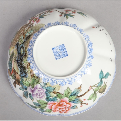 193 - A Chinese Republic period eggshell porcelain lobed bowl on hardwood plinth. Enamelled with pheasants... 