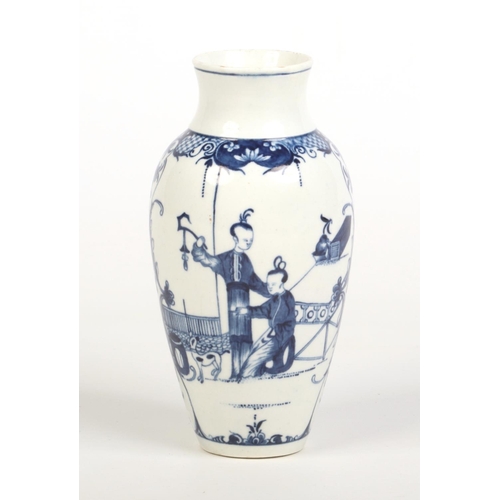 128 - A Worcester baluster shaped vase. Painted in underglaze blue with Chinese figures between lambrequin... 