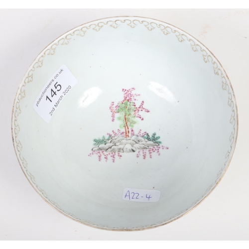 145 - A Worcester bowl. Painted with two landscapes in fluted cartouches, the so called Stag Hunt pattern.... 