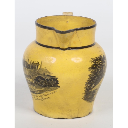 166 - An early 19th century Staffordshire canary yellow ground baluster jug with figure 7 handle. Printed ... 