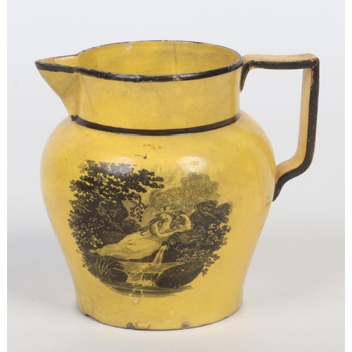 166 - An early 19th century Staffordshire canary yellow ground baluster jug with figure 7 handle. Printed ... 