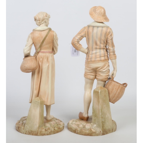 88 - A large pair of Royal Worcester ivory ground figures. Modelled as the French Fisherman and his compa... 