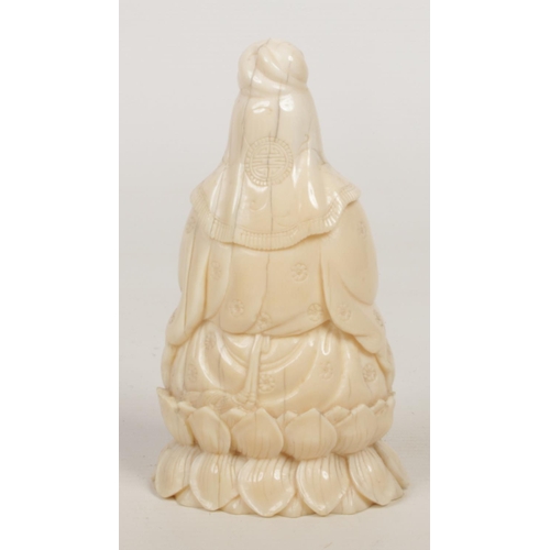 240 - A 19th century Cantonese carved ivory figure of a seated Buddha raised on a lotus plinth, 12.5cm, 29... 