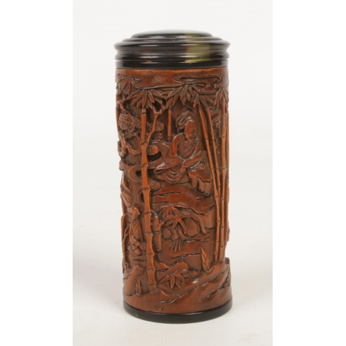 244 - Two Chinese carved and stained boxwood scroll jars / parfumier. Largest 27cm.