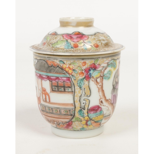 251 - An 18th century Chinese wine cup and cover. Painted in polychrome enamels with Mandarin figures on g... 