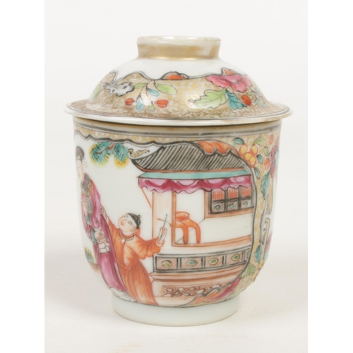 251 - An 18th century Chinese wine cup and cover. Painted in polychrome enamels with Mandarin figures on g... 