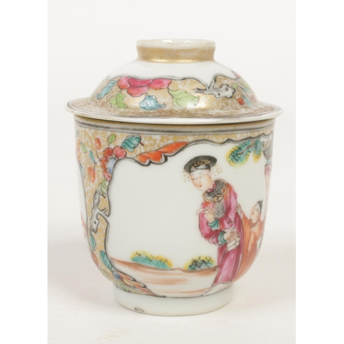 251 - An 18th century Chinese wine cup and cover. Painted in polychrome enamels with Mandarin figures on g... 