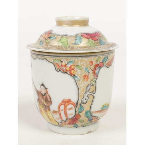 251 - An 18th century Chinese wine cup and cover. Painted in polychrome enamels with Mandarin figures on g... 