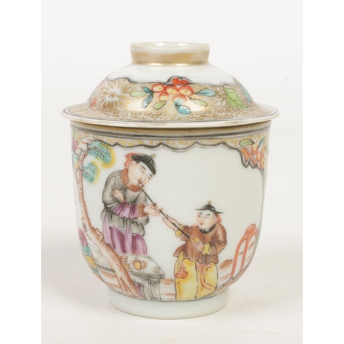 251 - An 18th century Chinese wine cup and cover. Painted in polychrome enamels with Mandarin figures on g... 