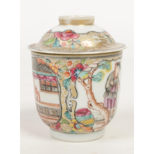 251 - An 18th century Chinese wine cup and cover. Painted in polychrome enamels with Mandarin figures on g... 