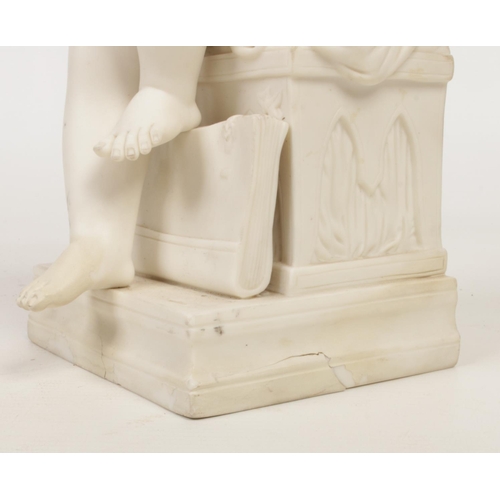 98 - A pair of 19th century parian figures. Each modelled as a child seated on a stool over a plinth, one... 