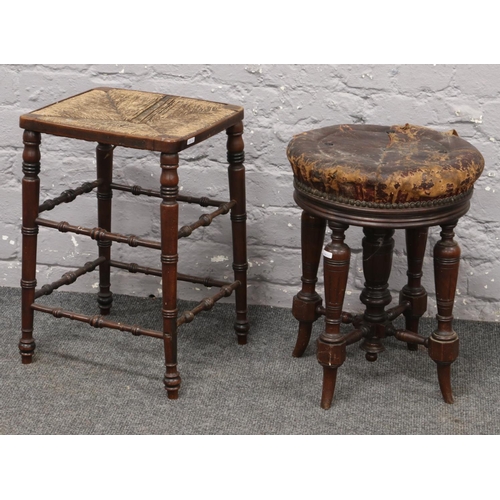 571 - A mahogany leather top stool, along with another rush seat stool.