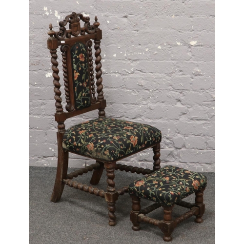 573 - A Victorian mahogany barleytwist hall chair and stool upholstered in William Morris style fabric.