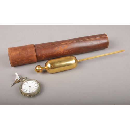 74 - A brass Alfloc Hydrometer No. A326 Type No. 1 in leather case, along with a silverplate pocket watch... 