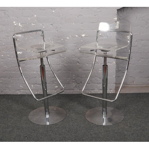 736 - Two bar chairs, with chrome supports and clear perspex seats.