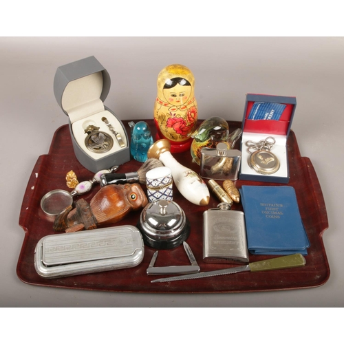 12 - A tray of collectables, to include America Sports pocket watch, Russian doll, coins etc.