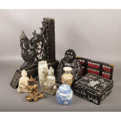 17 - A collection of Oriental collectables, to include wooden carving, mother of pearl inlay box, vase et... 