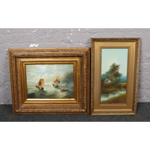 315 - After G. A. Napier, an ornate gilt frame oilograph, seascape, along with a gilt frame oil on canvas,... 