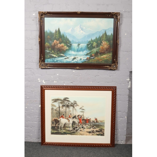 322 - A large framed oil on canvas, alpine landscape scene (59cm x 90cm), along with a large framed huntin... 