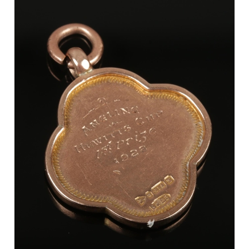 379 - A 9ct gold pendant for angling Hewitt's cup, dated 1928, 6.5g.