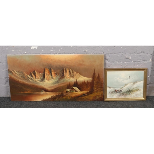 322 - A large framed oil on canvas, alpine landscape scene (59cm x 90cm), along with a large framed huntin... 